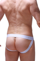 White athletic briefs with smooth form-fitting design and subtle branding along the waistband in jockstrap net maya blue