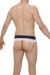 White and navy blue jockstrap briefs with narrow waistband designed for open skine comfort and support