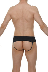 Black form-fitting briefs jockstrap open skine with narrow waistband and thin leg straps for comfortable wear