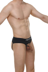 Black pettq brand jockstrap open skine men’s briefs in black with supportive contoured design visible from the back