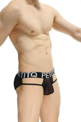 Black mesh petitq jockstrap osmoy net briefs with bold white logo band across the waistband