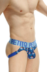 Blue floral-patterned men’s briefs with light blue waistband branded petitq from PetitQ Jockstrap Lunan Arteou collection