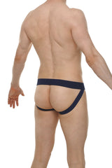 Navy blue jockstrap lace athletic briefs with snug fit and smooth fabric finish for supportive wear