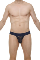 Navy blue lace thong jockstrap with solid waistband made from delicate lace for stylish support