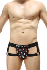 Black and white patterned briefs with red accents and petitq logo on black waistband in petitq jockstrap mijoux millesime