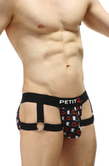 Black and red devil-themed men’s briefs with petit brand label from PetitQ jockstrap mijoux millesime collection