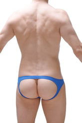 Blue athletic jockstrap briefs with cutout design offering breathable comfort and support for active wear