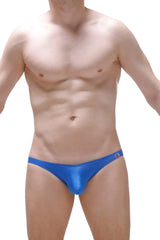 Bright blue shiny satin-like men’s briefs with a small red logo on the sideband from jockstrap pic plum blue collection