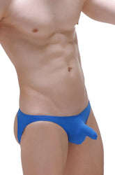 Bright blue jockstrap swim trunks with a smooth stretchy fabric and distinctive pouch design
