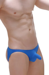 Bright blue jockstrap swim trunks with a smooth stretchy fabric and distinctive pouch design