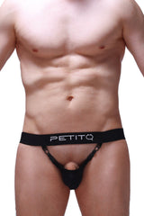 Black petitq jockstrap pinces thong with sleek minimalist design and subtle white logo on the waistband