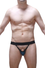 Black and blue lace-trimmed men’s thong jockstrap pinces prussian with supportive waistband shown from the back