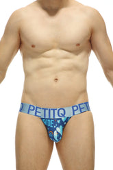 Blue patterned men’s briefs with petitq branding and rainbow heart design from the jockstrap pride collection