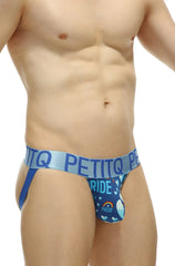 Blue petitq men’s briefs with a pride-themed rainbow and heart design called jockstrap pride