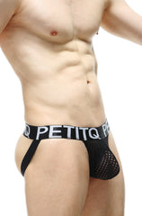 Black mesh briefs with a bold white petitq logo band from the petitq jockstrap protruder durtol collection