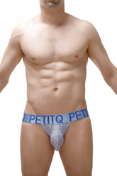 Light blue mesh jockstrap with a solid blue waistband featuring the petitq brand name in white lettering