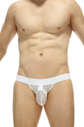 White mesh jockstrap protruder durtol with solid white waistband showcasing breathable mesh material