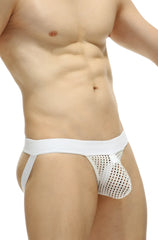 White mesh jockstrap protruder durtol with solid white waistband and side straps for breathable support
