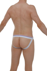 White petitq jockstrap protruder modal briefs with thin red and blue striped waistband designed for athletic use