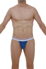 Blue petitq jockstrap protruder modal briefs with white waistband and thin red and blue stripes