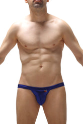 Vibrant royal blue satin jockstrap briefs with sleek form-fitting design and small red logo on the front