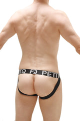 Black athletic jockstrap with white pad and petit logo on the waistband designed for support and comfort
