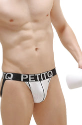White petitq brand briefs with black waistband and white lettering featured in jockstrap white with pad product image