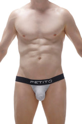 Gray petitq jockstrap x-cross with black waistband featuring brand logo for athletic support and comfort