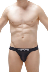 Black petitq jockstring ardrier net briefs with a sheer mesh front and solid waistband