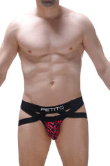 Black and pink leopard print men’s jockstring beast ascan briefs with crisscross straps front view