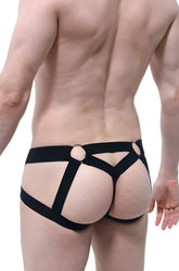 Black sleek form-fitting harness-style briefs with bold geometric intersecting straps jockstring beast black design