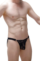 Black lace thong jockstring bilay black with solid waistband and metal rings visible from the back side