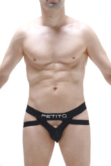 Black petito jockstring brest men’s briefs with distinctive cut and white logo on waistband in black fabric