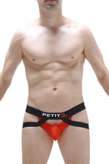 Red and black petitq men’s briefs with crisscross design called jockstring brest red showing front view