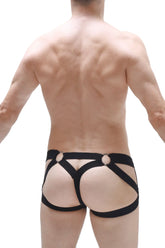 Black harness-style jockstring bustic briefs with bold straps and circular metal accents for edgy fashion