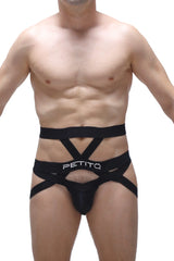 Black petitq men’s jockstring bustic strappy briefs with bold crisscross design for a modern edgy look