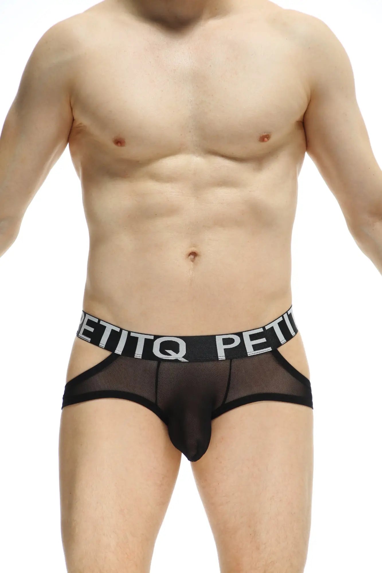 Black sheer mesh jockstring briefs with bold black waistband featuring white petitq lettering in front view