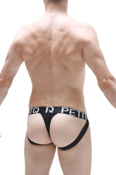 Black jockstring mano plum with a wide waistband featuring white q r petit lettering shown from the back
