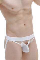 White form-fitting men’s jockstring mano plum briefs with lace trim supportive waistband and cutout design