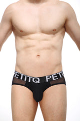 Black petitq jockstring briefs with sheer mesh waistband featuring bold white brand name logo