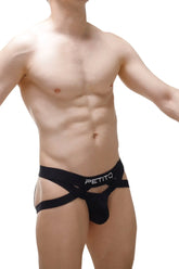Black petitq men’s briefs with a distinctive crisscross design and white logo jockstring petitq beast black 2023