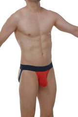 Red and navy blue athletic jockstring plum crimson briefs with a snug fit designed for active wear