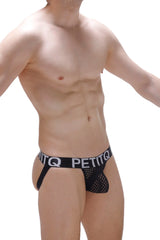 Black mesh jockstring protruder durtol briefs with bold white petitq logo band in a sleek design