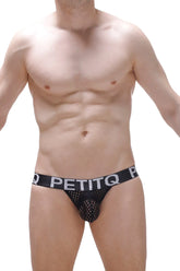 Black mesh jockstring protruder durtol briefs with white petitq logo band for breathable comfort