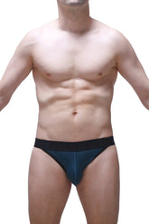 Dark blue jockstring prussian blue athletic briefs with contrasting black waistband designed for active wear