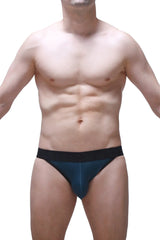 Dark blue jockstring prussian blue athletic briefs with contrasting black waistband designed for active wear