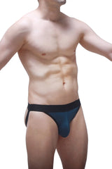 Dark blue form-fitting jockstring briefs with a contrasting black waistband designed for support and comfort