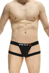 Black petit q jockstring seyre bee men’s briefs with mesh front and side straps for breathable comfort