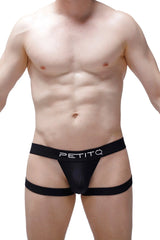 Black petitq jockstring seyre briefs with a sleek form-fitting design and white logo on the waistband
