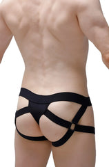 Black sleek form-fitting harness style jockstring seyre petitQ underwear with multiple straps for a bold modern look